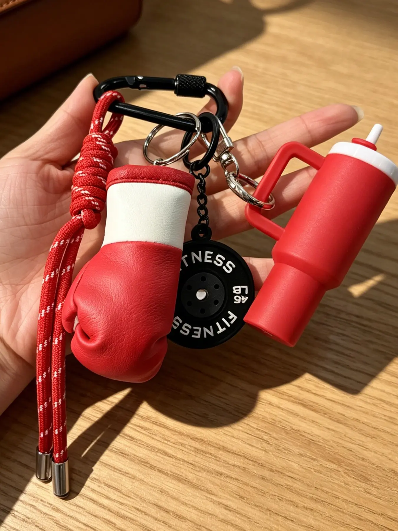 Boxing Glove, Tumbler & Weight Plate Keychain Set, Cool Keychains, Sports Style Bag Charm with Braided Rope & Metal Carabiner, Anti-lost Accessory for Backpacks, Keys & Handbags, Lovely Gift for Gym Lovers & Teens