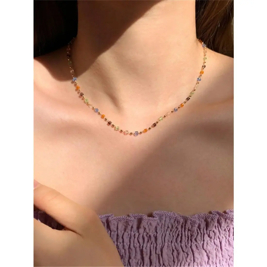 Women's Multicolor Short Beaded Chains Necklace - High-Quality Stainless Steel-Copper Chain, Vibrant Plastic Stone Beads, Elegant Neckline Jewelry for Birthday Holiday Casual Outfits, One Size Clothes Accessory