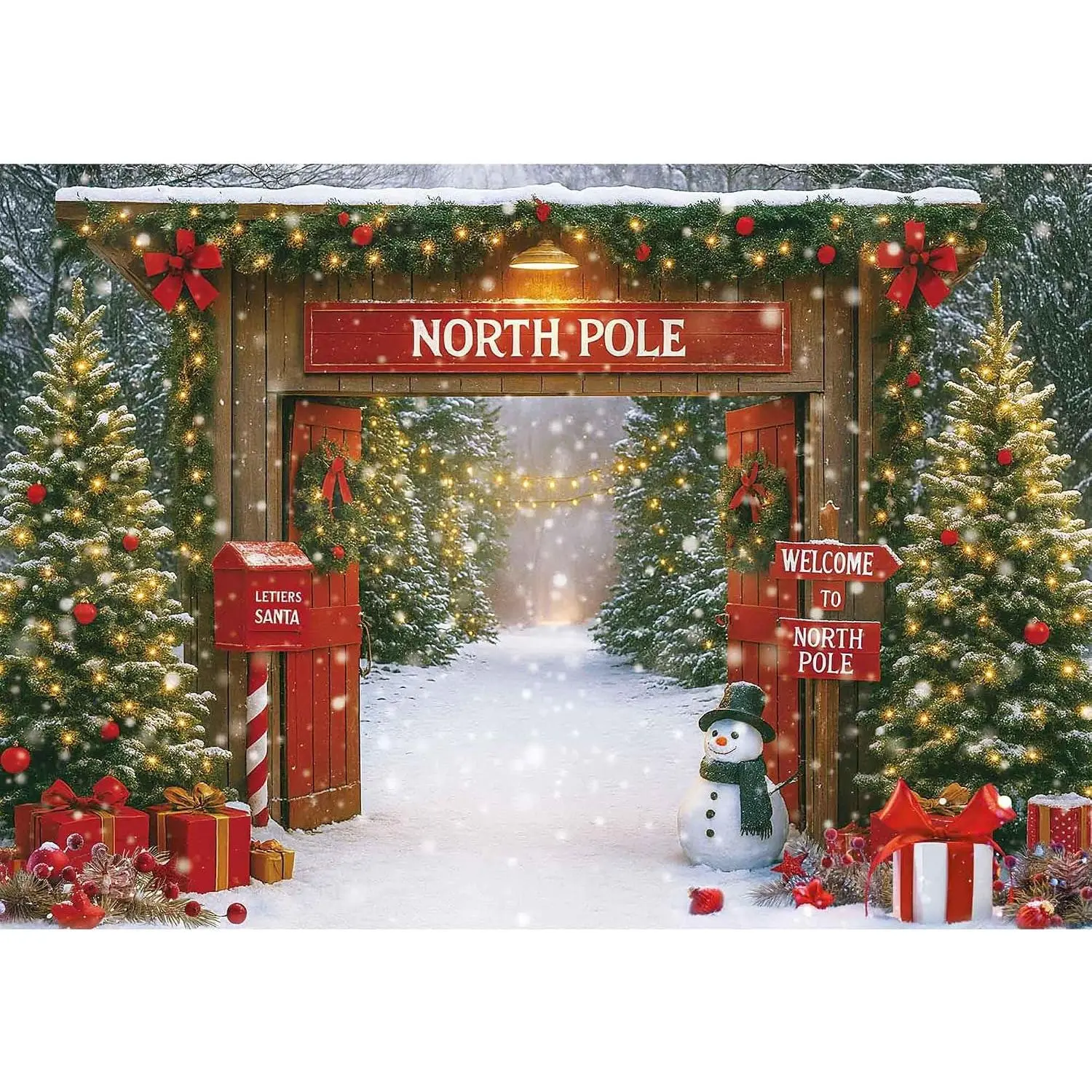 Christmas Photography Backdrop 7x5ft – Rustic Snowy Forest Barn Door with Xmas Tree, North Pole Winter Scene Fabric Photo Background for Family Party,  Holiday Photos