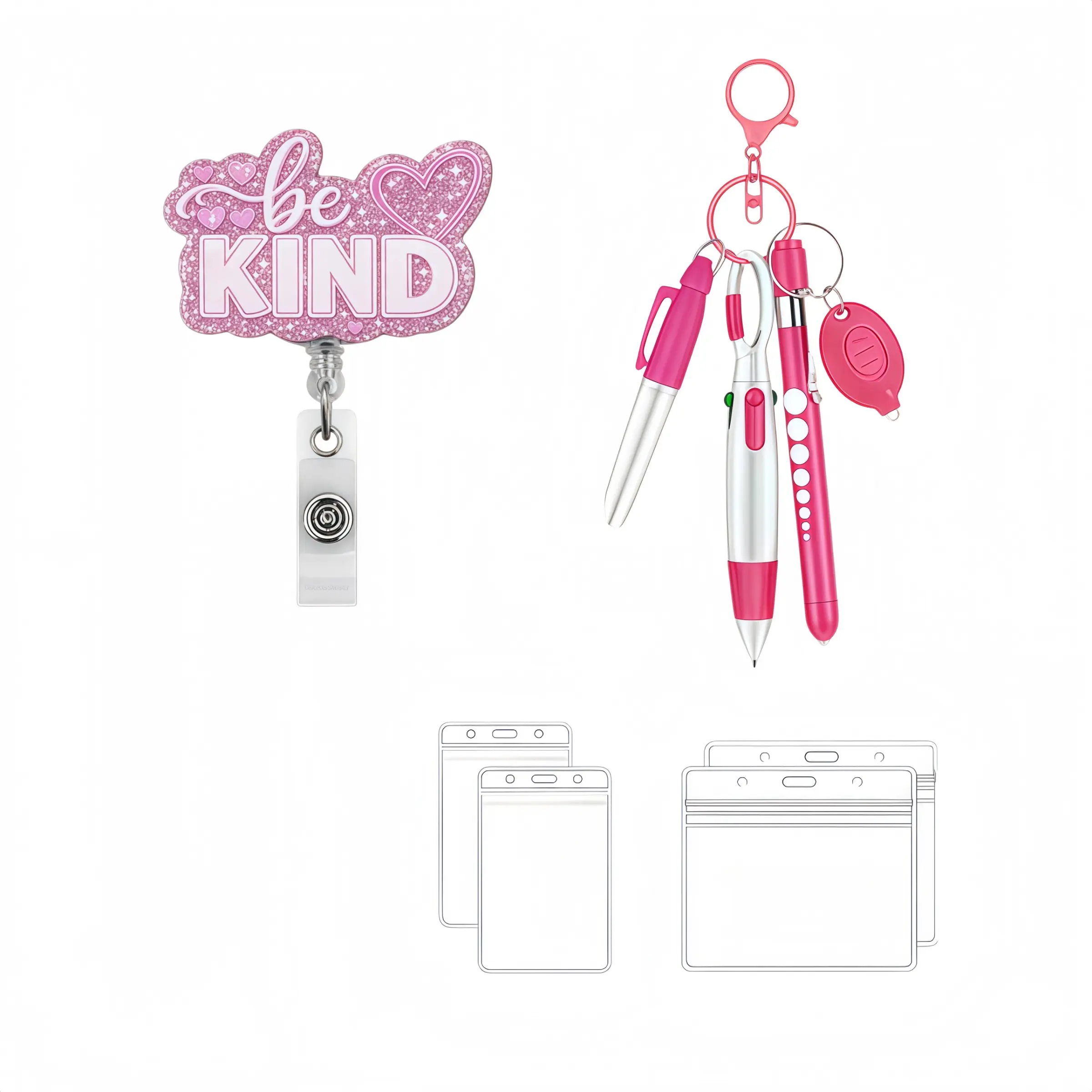 Glitter Heart Stretch Badge Roll Set, Multi-Function Keychain Pen, Transparent Vertical/horizontal ID Card Holder, Nurse Office Gift Set