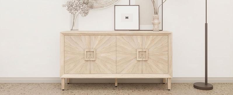 Sideboard Buffet Cabinet, 60" Large Accent Credenza Cabinet with Sunburst 4 Doors & Adjustable Shelf for Living Room, Rustic Brown Kitchen Buffet Table with Storage, TV Stand Media Console