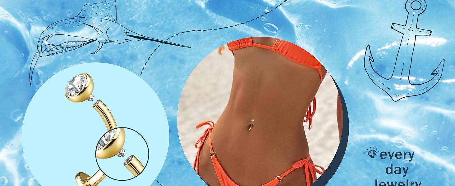 YADOCA 7PCS Floating Belly Button Ring for Women Hypoallergenic Surgical Stainless Steel Belly Rings Internally Threaded CZ Opal Long Bar Navel Barbell Flat Back Belly Piercing 12/14MM Silver Gold