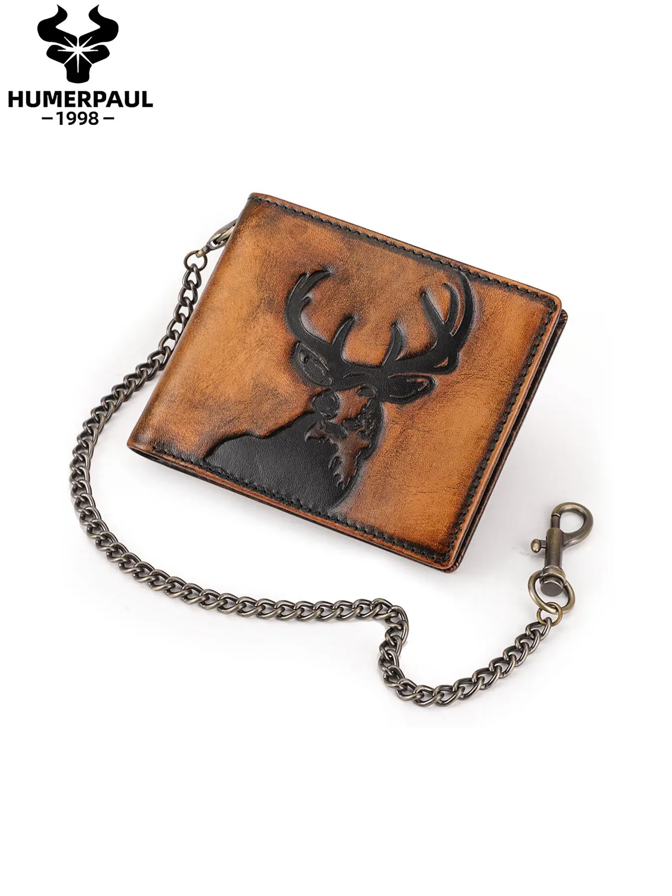 HUMERPAUL Vintage Men Leather Wallet Fashionable Large Capacity RFID Blocking Card Holde Chain Strap for Waist Business Travel Gift