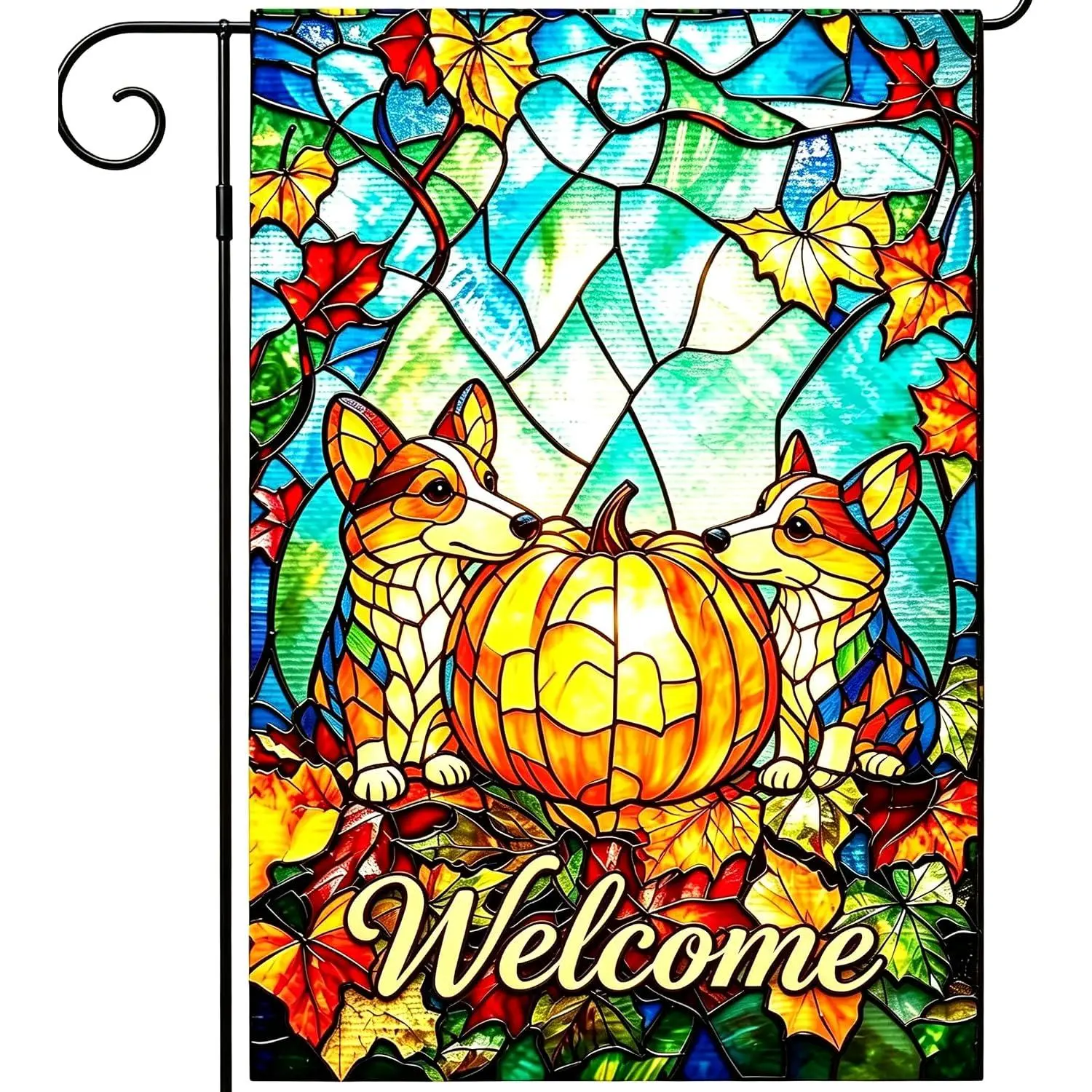Welcome Fall Garden Flag Stained Glass Corgi Yard Flag 12x18 Inch Double Sided, Fall Autumn Pumpkin & Maple Leaves Yard Flag,Outdoor Decor for Porch Lawn Patio,Thanksgiving Farmhouse Decoration