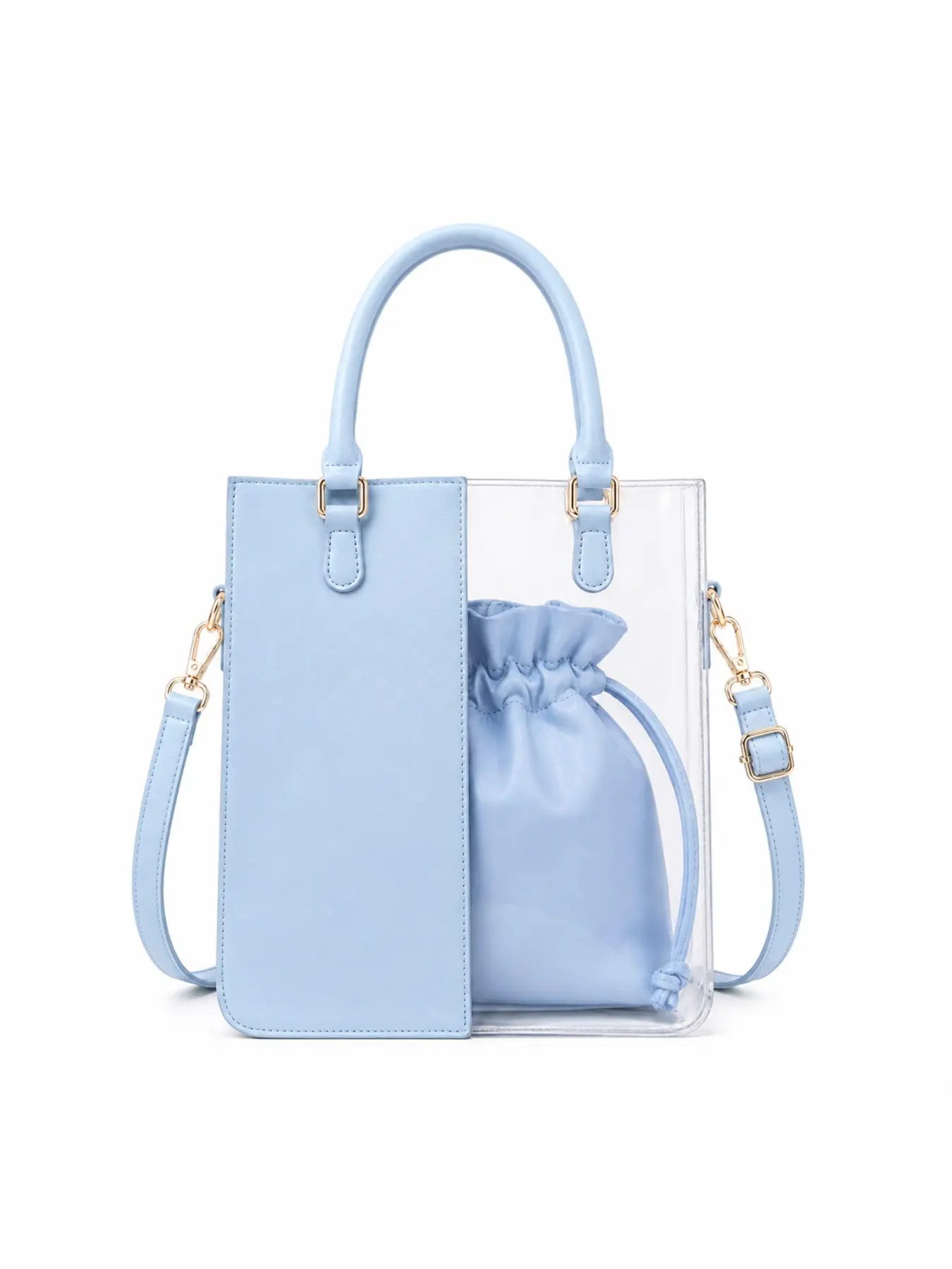 Women's Transparent PVC Tote Bag, PU Leather Drawstring Inner Pocket, Adjustable Shoulder Strap, Crossbody Handbag