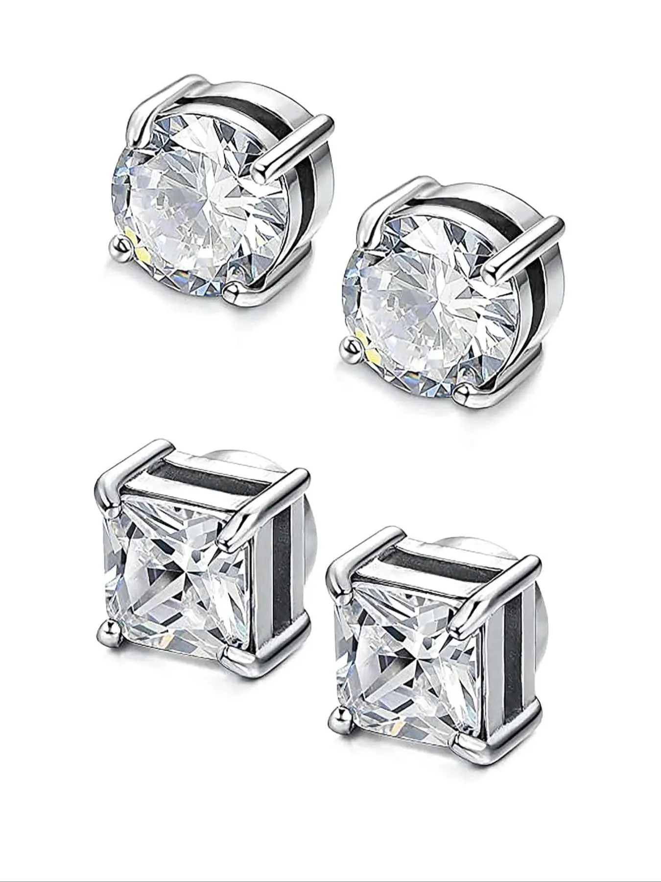 Magnetic Studs Earrings for Men & Women, 2 Pairs (Round & Square CZ) No Piercing Fake Earrings. Sparkling crystal design, strong magnetic closure, perfect for daily wear, parties and concerts.Great for edgy street style, punk or goth looks. Ear Jewelry