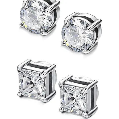 Magnetic Studs Earrings for Men & Women, 2 Pairs (Round & Square CZ) No Piercing Fake Earrings, Party Earrings, Sparkling crystal design, strong magnetic closure, perfect for daily wear, parties and concerts