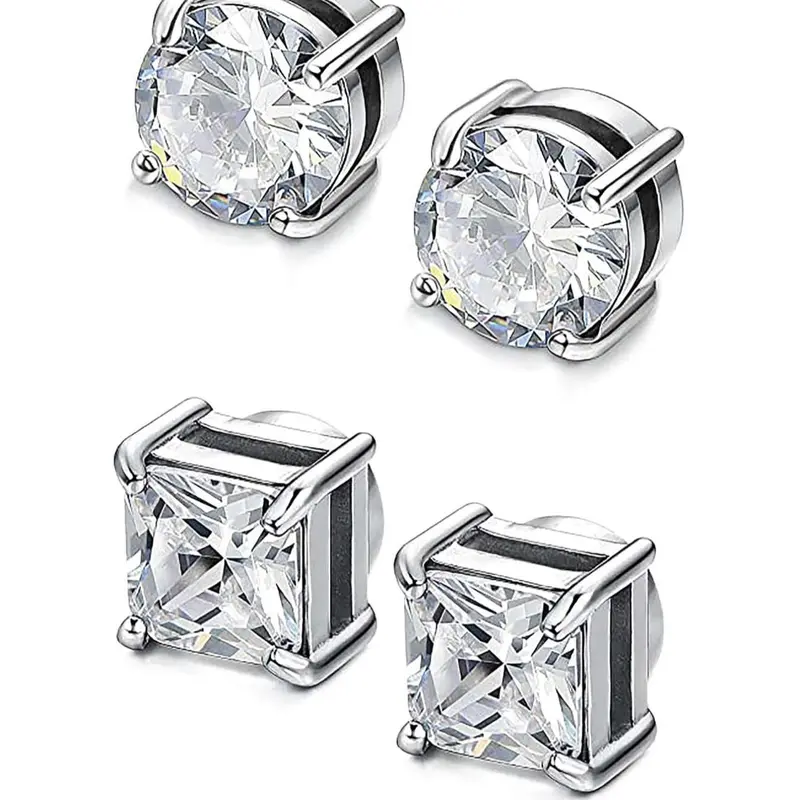Magnetic Studs Earrings for Men & Women, 2 Pairs (Round & Square CZ) No Piercing Fake Earrings, Party Earrings, Sparkling crystal design, strong magnetic closure, perfect for daily wear, parties and concerts