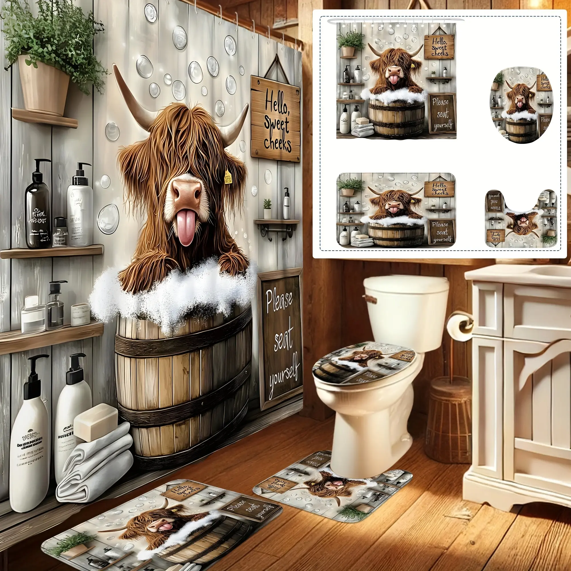 4-Piece set, farmhouse style cute fun shower curtain set, highland cow, woodland style bathtub, brown-gray shower curtain, machine washable, suitable for bathroom shower home, including 12 hooks, non-slip floor mat U-shaped toilet cover pad