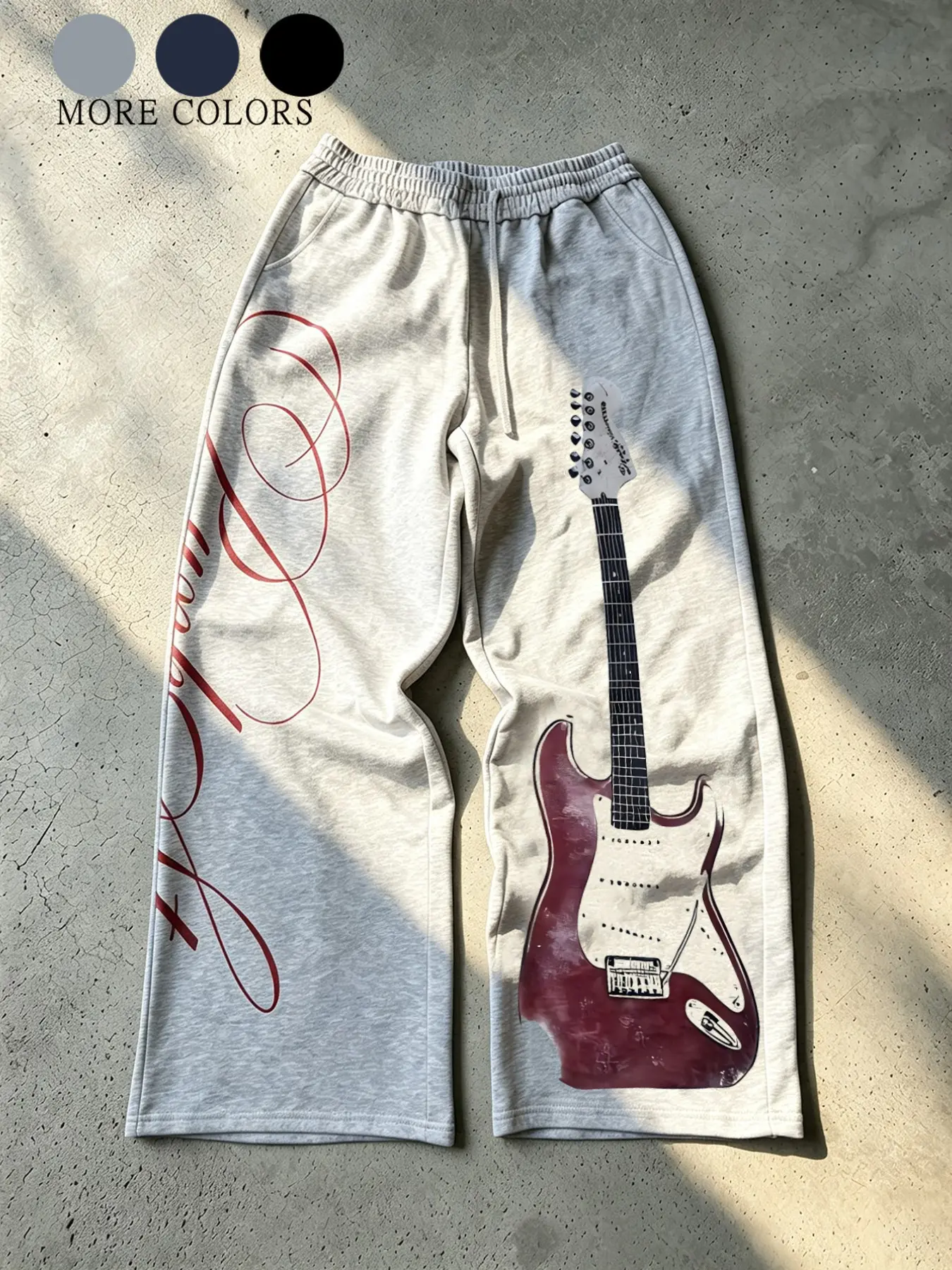 Unisex Vintage Distressed Electric Guitar Print Wide-Leg Sweatpants, All-Season Drawstring Elastic Waist Loose Casual Joggers, Y2K Grunge Rock Streetwear Trousers, Ideal for Daily Outings, Music Festivals and Concerts