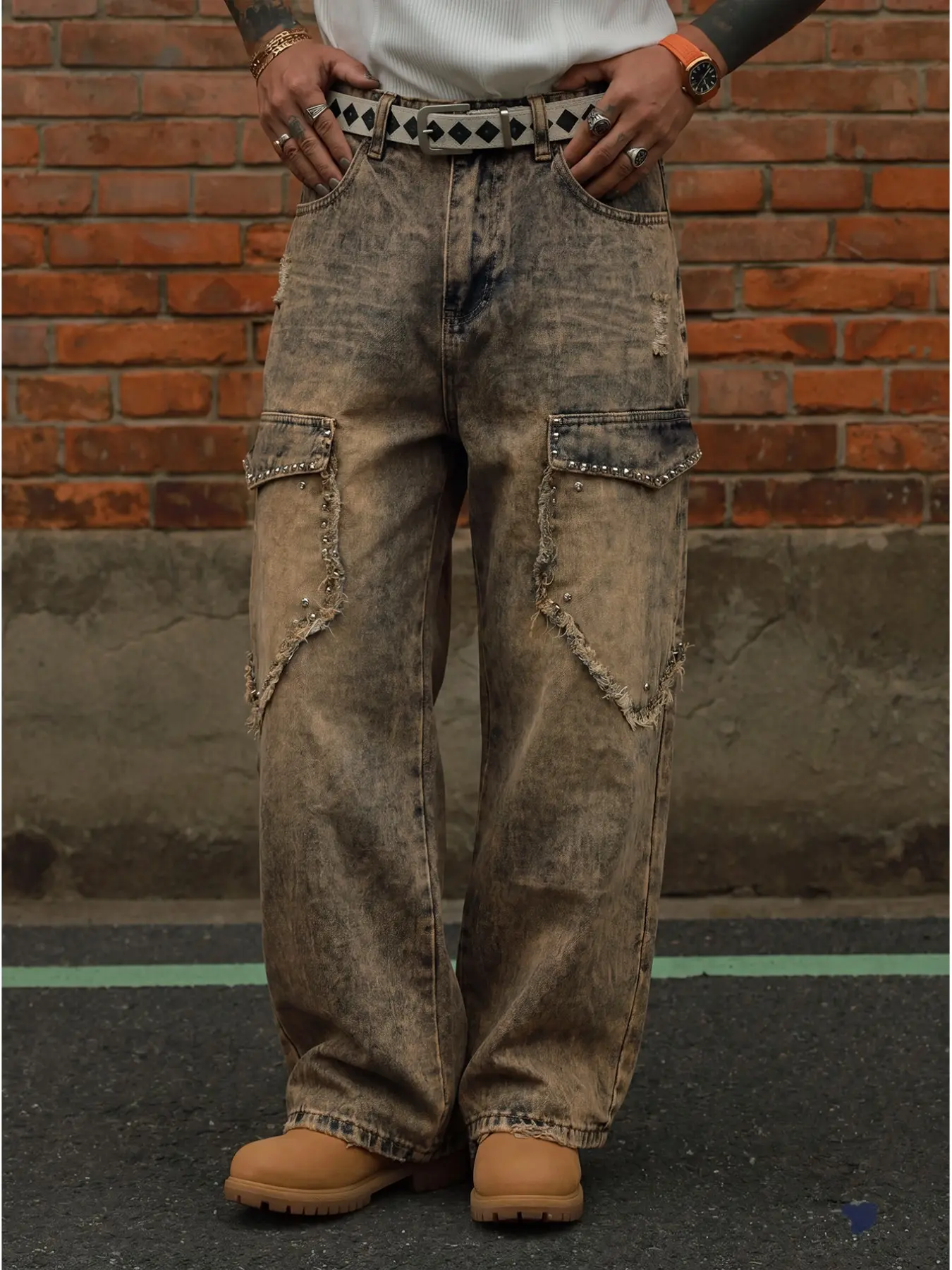 Men's Vintage Washed Blue Cargo Jeans Y2K Baggy Straight Leg Pants Distressed Loose Fit Denim Trousers
