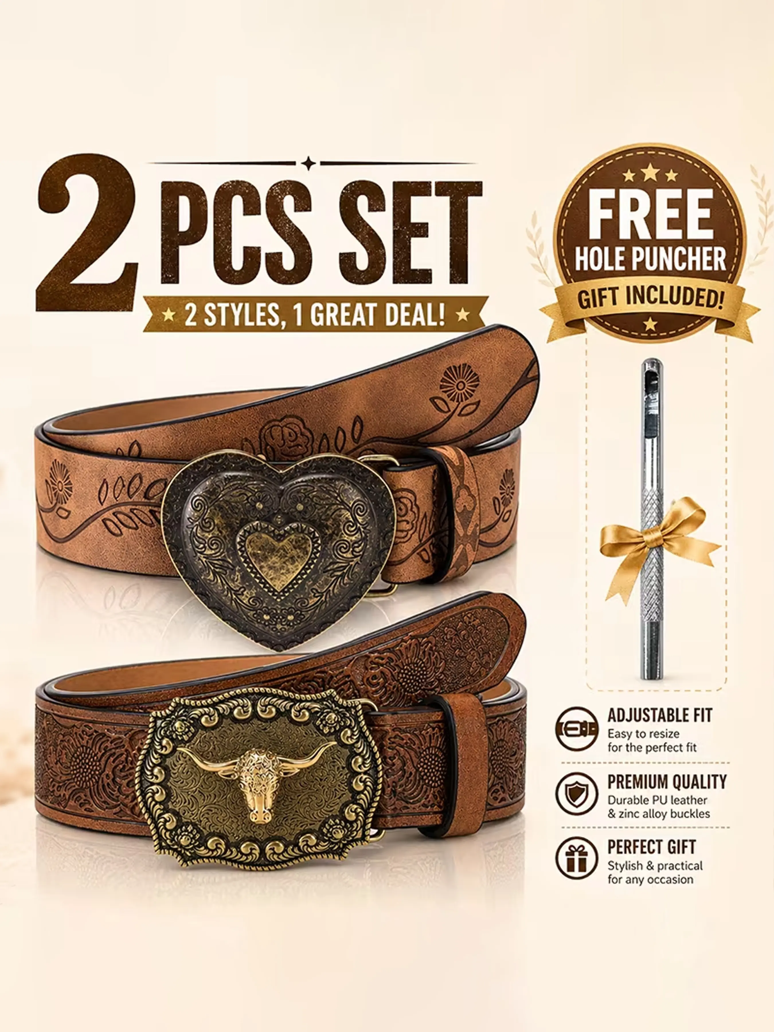Women's Western Belt Set, Adjustable PU Leather Belts with Buckle, Boho Style, Wedding Accessories, Vintage Belt for Country Concerts, Boho Waist Belt