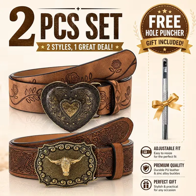 Women's Western Belt Set, Adjustable PU Leather Belts with Buckle, Belts for Dresses, Boho Style, Wedding Accessories, Vintage Belt for Country Concerts