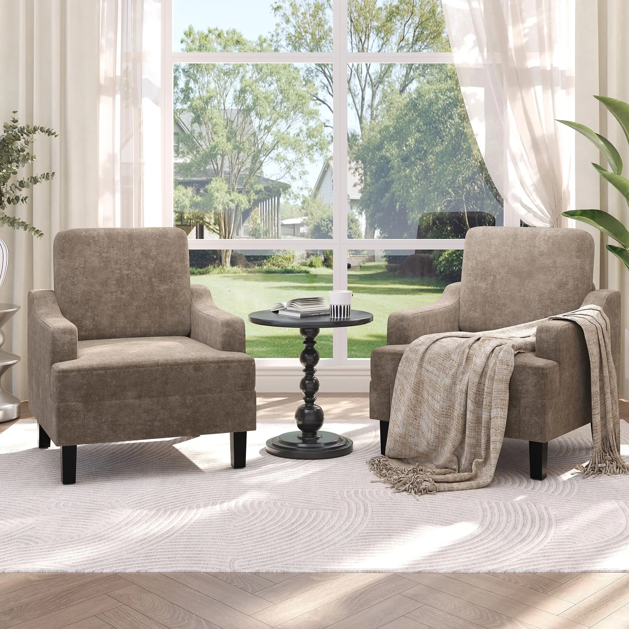 Chenille Scooped Accent Armchairs Set of 2 – Mid-Century Modern Comfy Reading Chair with Sturdy Wood & Iron Frame for Living Room, Bedroom, Reading Nook