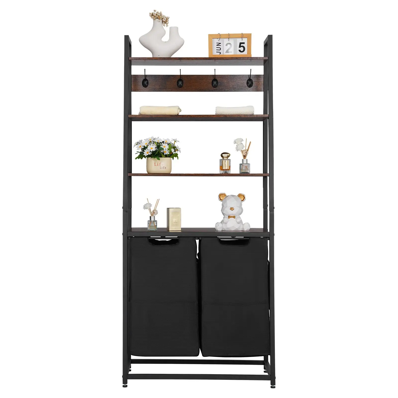 VEVOR Freestanding Tall 4-Tier Laundry Sorter, 2-Section Organizer with 2 Bags, 600D Oxford Cloth Baskets, Ladder Shelves, Hooks for Daily Laundry & Bathroom Use