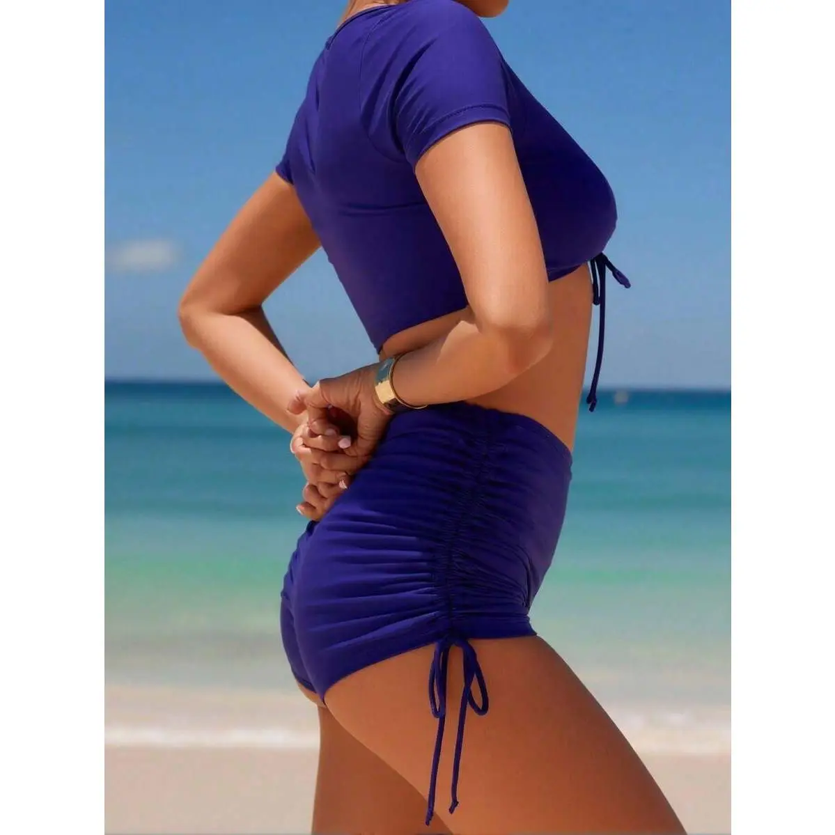 New Women's Tankini Set: Solid Royal Blue, Short Sleeve Ruched Crop Top, High-Waist Tie Side Bottoms, Modest Sporty Beach Style