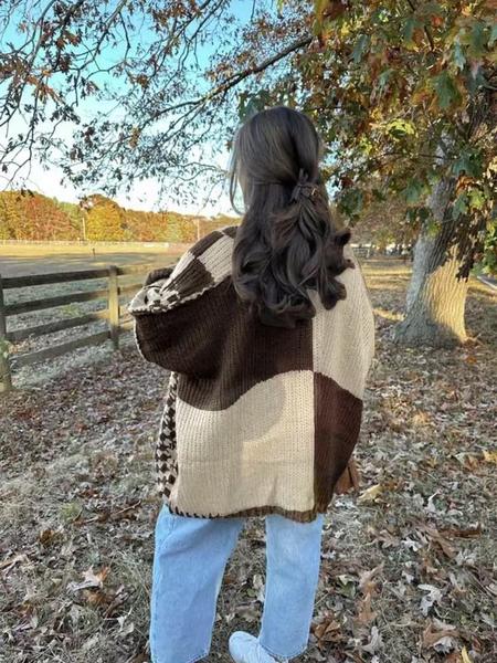 Women's Plaid Knit Cardigan, Lantern Sleeve Loose-Fitting Sweater, Casual Fall & Winter Fashion, Unique Design, New Arrival