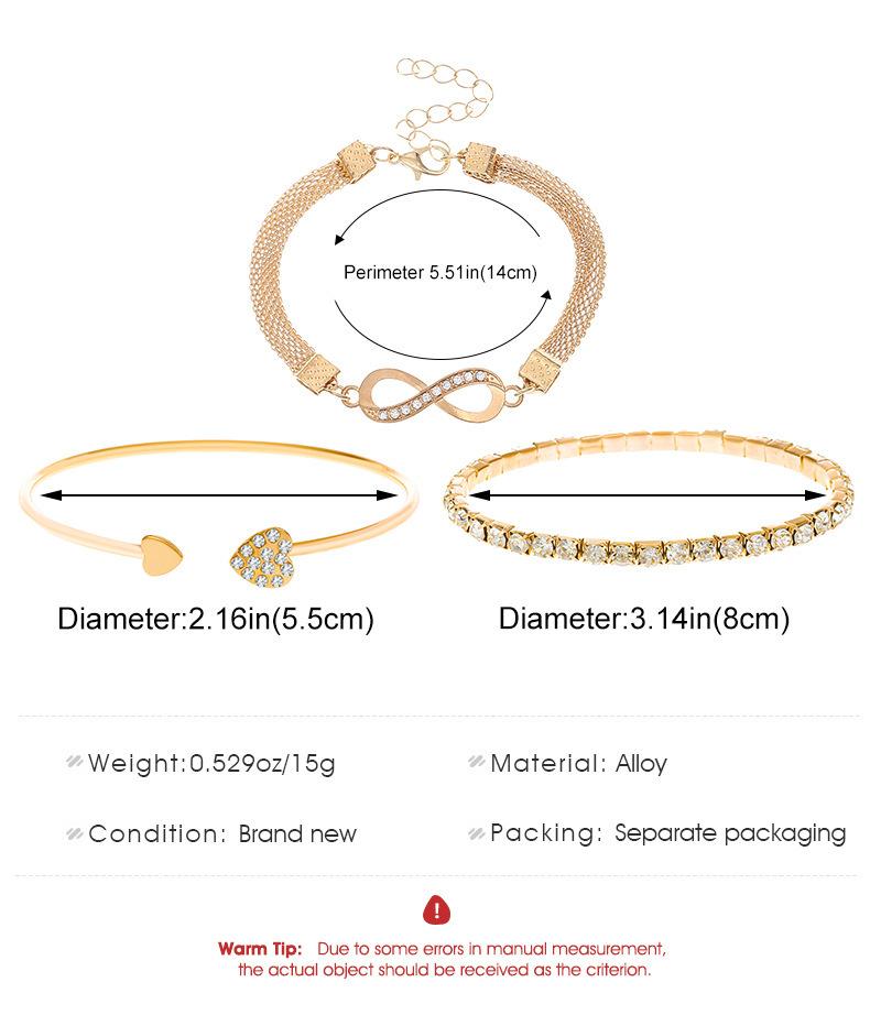 New ins-style women's heart-shaped open bracelet with creative design, vintage and simple lucky figure 8 bracelet 3-piece set, not easy to fade