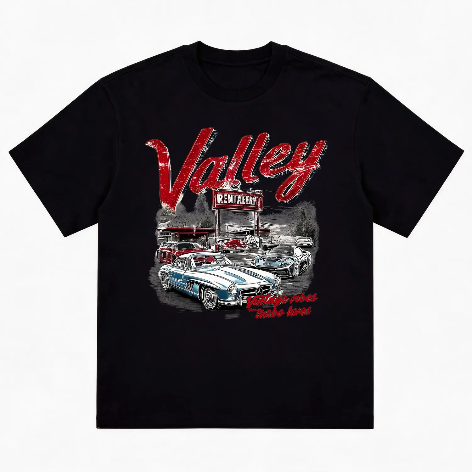 Unisex Heavyweight Breathable Cotton Crew Neck Graphic T-Shirt, Distressed Valley Retro Gas Station Classic Supercar Vintage Vibes Turbo Lives Print Durable Automotive Tee, Fade-resistant Casual Top For Car Meet Road Trip Garage Hangout, Retro Car Enthusi