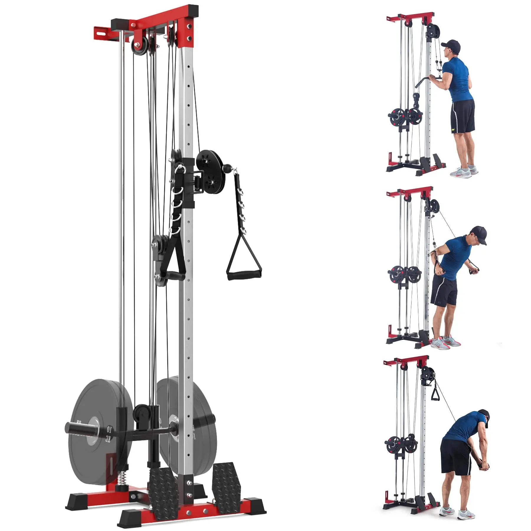 GARVEE Wall-Mounted Cable Station for Home Gym, Lat Pulldown Machine with Adjustable 20-Position Pulley System, High and Low Cable Crossover Machine in Black and Red