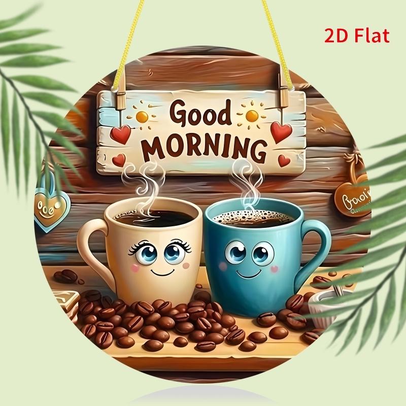 Coffee Cup Pattern Round Wooden Hanging Plaque, 1 Count Cute Coffee Cup Theme Hanging Plaque, Wall Decor for Home Coffee Shop, Hangable