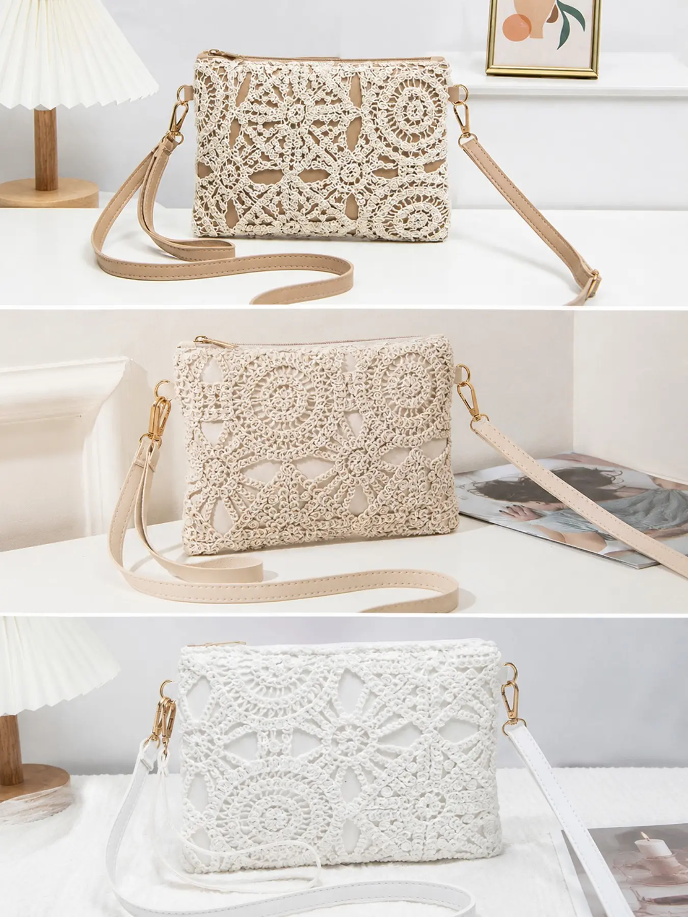 Vintage Crochet Lace Crossbody Handbag | Boho Summer Shoulder Purse | Handmade Floral Woven Bag for Beach Vacation