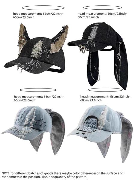 Unisex Wasteland Style Bunny Ear Baseball Cap, Adjustable Snapback Cap, Punk Denim Trucker Hat with Chain, Streetwear Hip Hop Costume for Halloween Party
