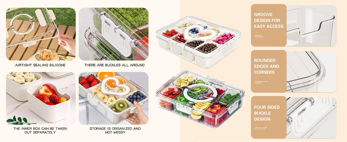 Snackle Box Container,8 Snack Bowls Portable Serving Tray Snack Box with Lid and Handle,Snack Containers Snackle Box Ideal for Veggies, Fruit, Candy, Party, Nuts, Essentials (1Pack-Snack Bowls-Cream)