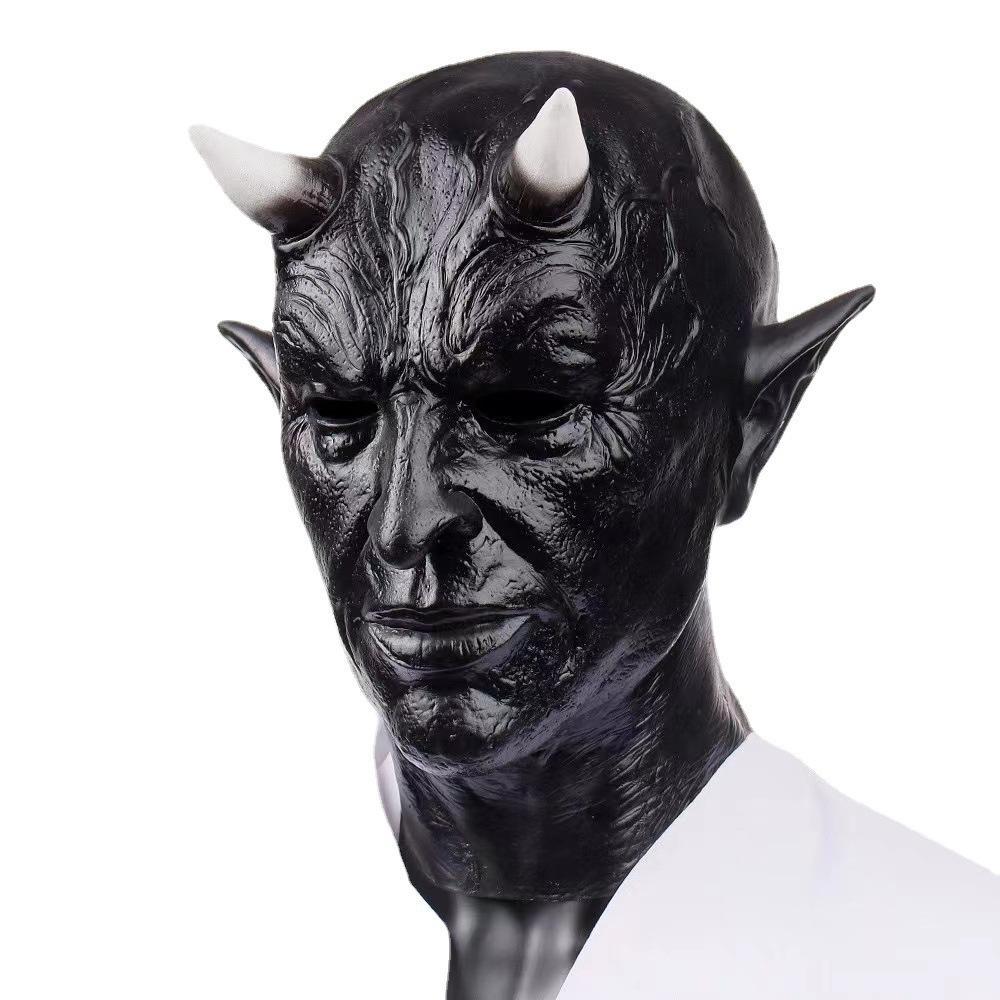New Black Horned Demon Mask Full Face Latex Head Cover Haunted House Secret Room Scary Dressed Horned Head Cover