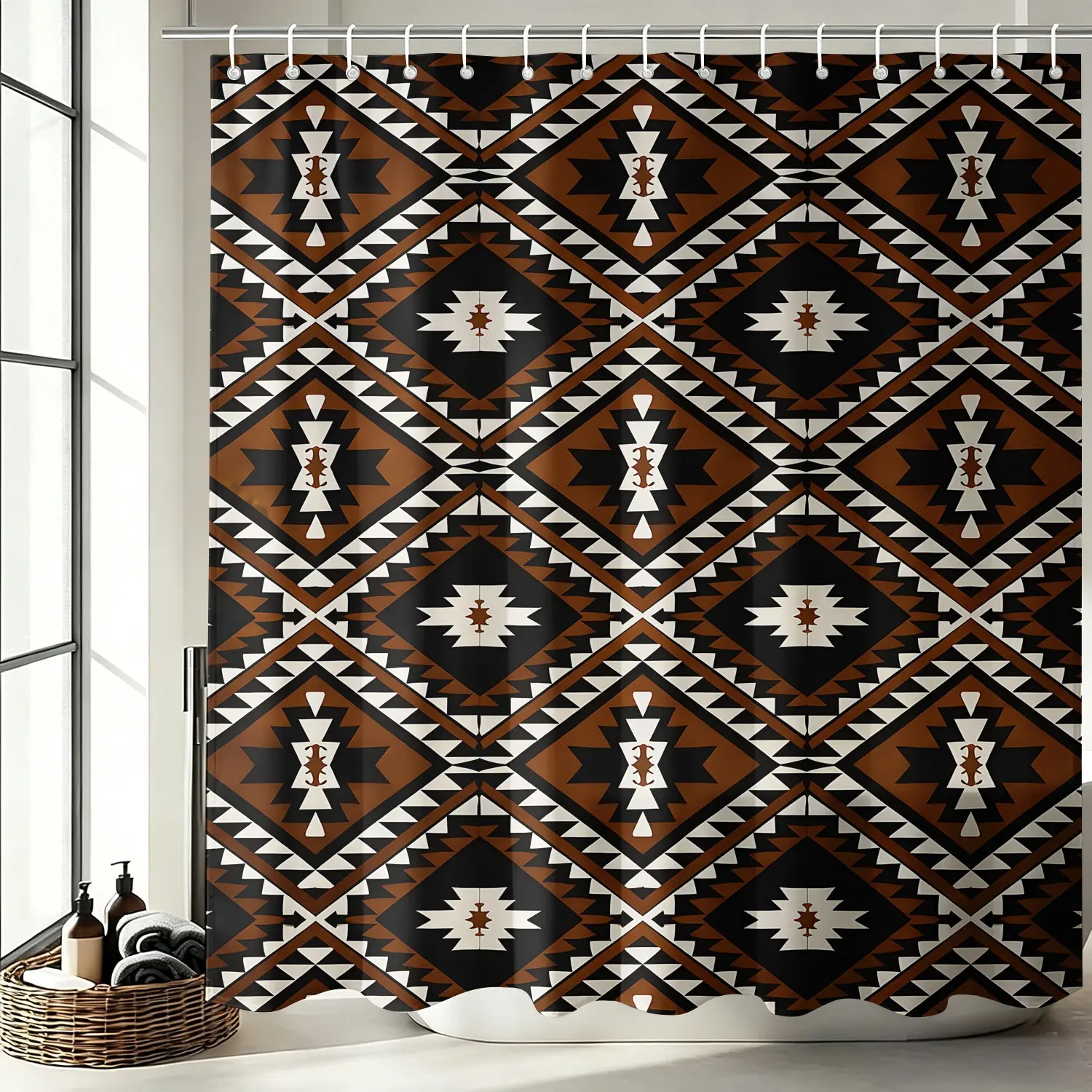 Southwestern Aztec Geometric Decorative Shower Curtain, Brown Black White Tribal Diamond Native American Boho Pattern Bathroom Decor, Western Farmhouse Shower Curtains with Hooks 72X72Inch
