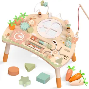 Wooden Activity Table for Toddlers 1-3, 9 in 1 Montessori Sensory Table with Bead Maze Shape Sorter Fishing Game, Baby Activity Center Learning Toys for 1 2 3 Year Old Boys Girls
