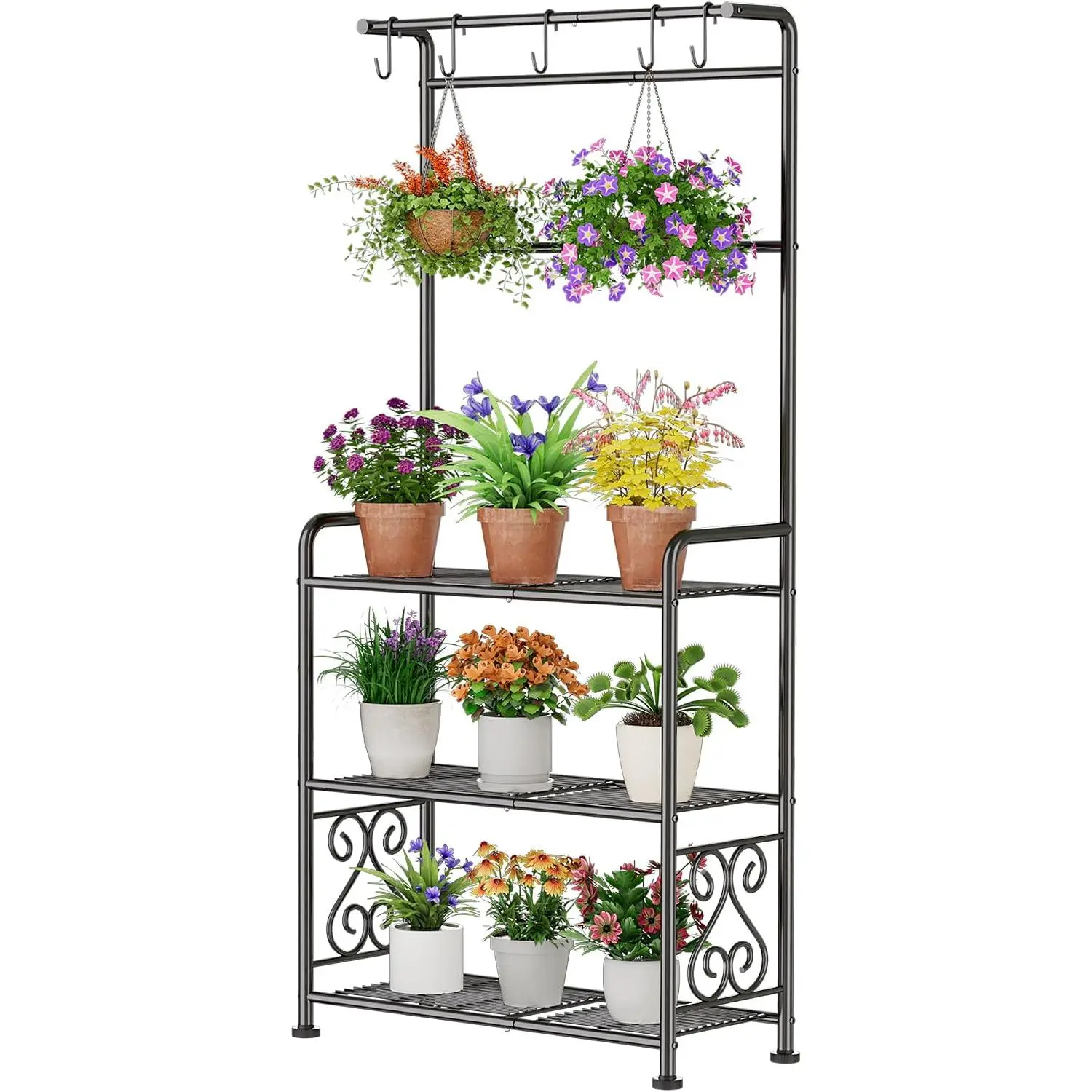 Stand Indoor Outdoor Heavy Duty Metal - 56.4" Tall 3-Tier Shelf for Multiple , , Rustproof Black Storage Rack for Patio, Balcony, Living Room, Garden, Includes Hooks&Adjustable