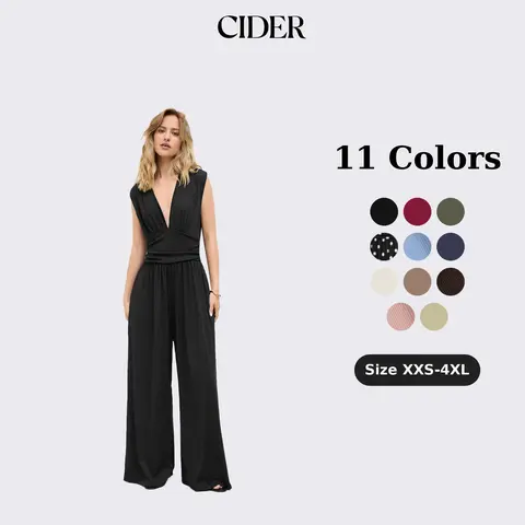 Cider V-neck Ruched Solid Wide Leg Jumpsuit