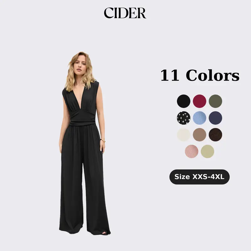 Cider V-neck Ruched Solid Wide Leg Jumpsuit