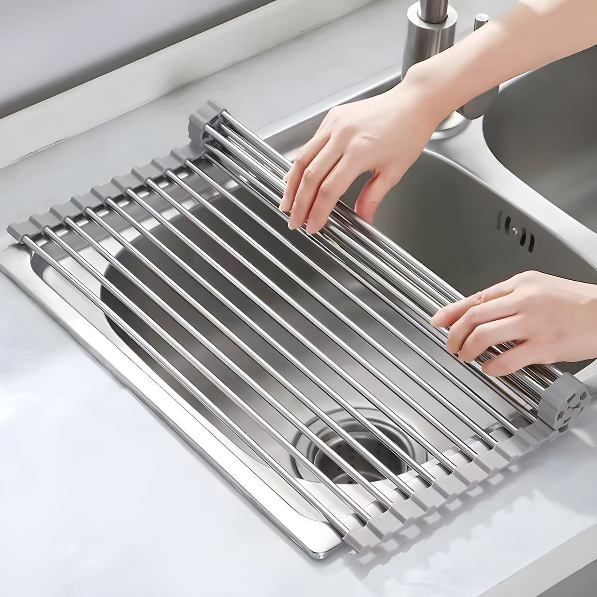 Stainless Steel Foldable Dish Drying Rack, 1 Count Roll Up Dish Drying Rack, Over The Sink Dish Drainer, Kitchen Counter Storage Rack