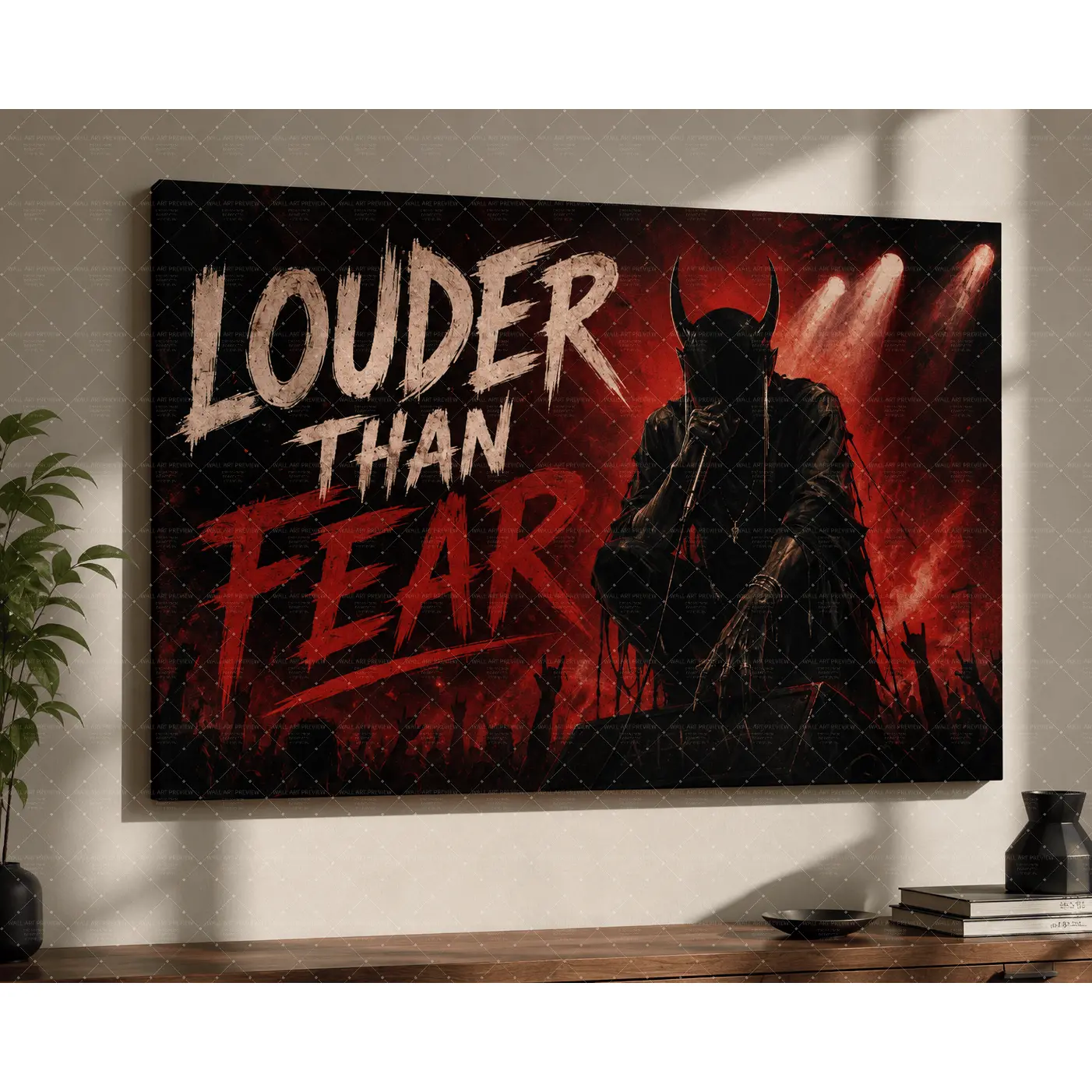 "Louder Than Fear" Gothic Devil Canvas Wall Art, Bold Red Black Motivational Print, Dark Aesthetic Edgy Vibe, Living Room Bedroom Office Game Room Decor, Fearless Mindset Poster Gift,wall decor,poster.