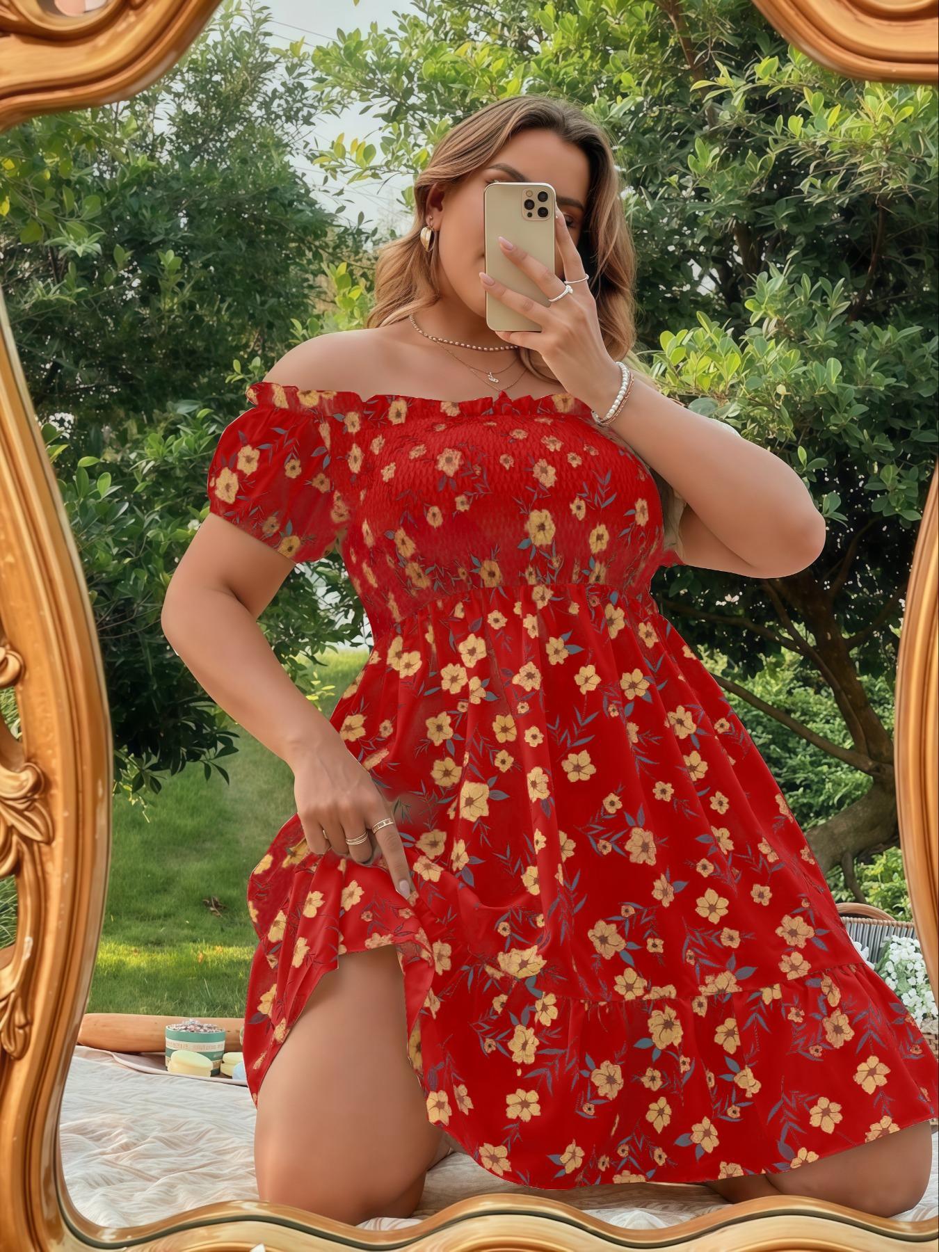 Plus Size Floral Print Off Shoulder A Line Dress, Boho Romantic Shirred Ruffle Hem Dress for Beach Vacation Holiday, Women's Plus Clothes for Summer