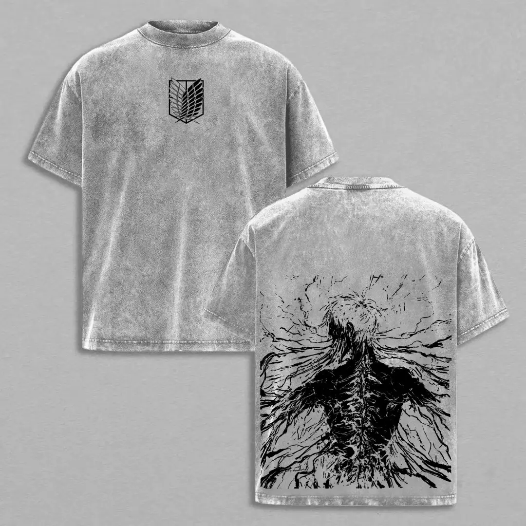 Retro Vintage Limited The Founding Titan Eren Yeager - Attack On Titan Anime Double Printed Washed Tee Unisex Oversize Anime Manga Acid Washed Lightweight Cotton T-Shirt Black