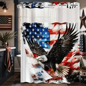 1 Pc Hookless Double Layer Shower Curtain, Patriotic Bald Eagle American Flag Print, Machine Washable Waterproof Mildew Resistant Fabric, 4th of July Home Bathroom Decor, Removable Snap-in Liner, Top See-Through Curtain, Bathroom Divider - 71"×74"
