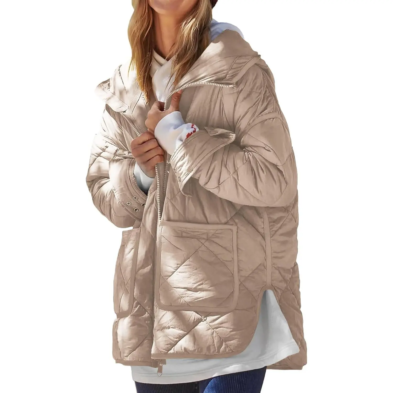 Dyexces Home Storage Solution for Women's Quilted Puffer Hooded Winter Down Jacket - Batwing Long Sleeve, Zip Up, Comfortable, Packable, With Pockets, Ideal for Anniversary Day, Stores Skinny Jeans