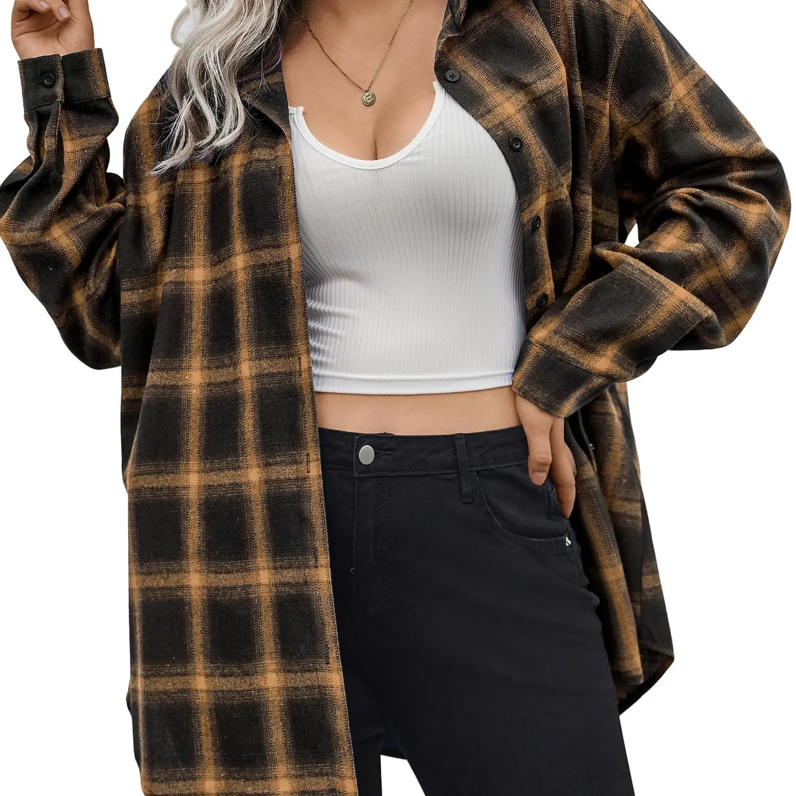 Womens Plus Size Flannel Plaid Shirt Roll Up Long Sleeve Mid-Long Button Down Shirts Casual Boyfriend Tops