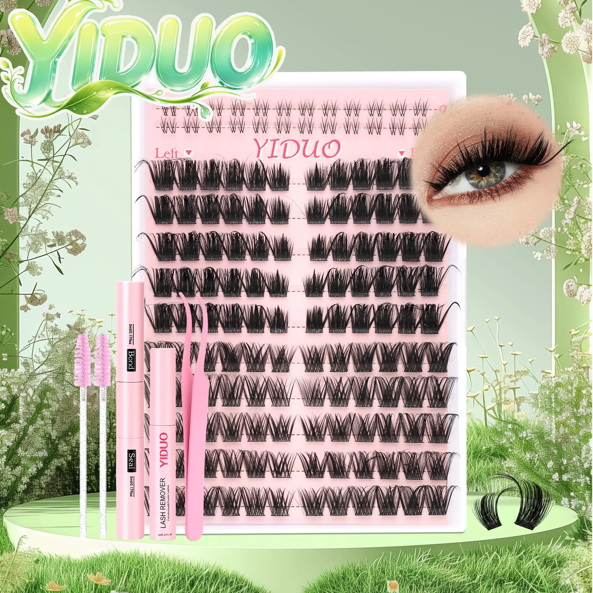 YIDUO  Fox Eye Lash Kit – Spike & Wispy Left/Right Clusters, C-Curl  Includes Bond, Seal, Remover & Tweezers – Pointed Wispy Volume, Corner Lift Up, Low-Effort High-Reward Glam in Just 5 Mins!