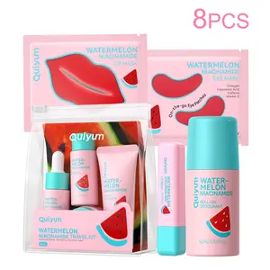 QUIYUM Watermelon Skincare Travel Kit, 8-Piece Niacinamide & Hyaluronic Acid Face Care Gift Set for Women Girls, Essentials with Facial Cleanser, Toner, Serum, Lip Mask & Eye Mask, Summer Break Vacation Essentials Pamper Kit for Teens Students