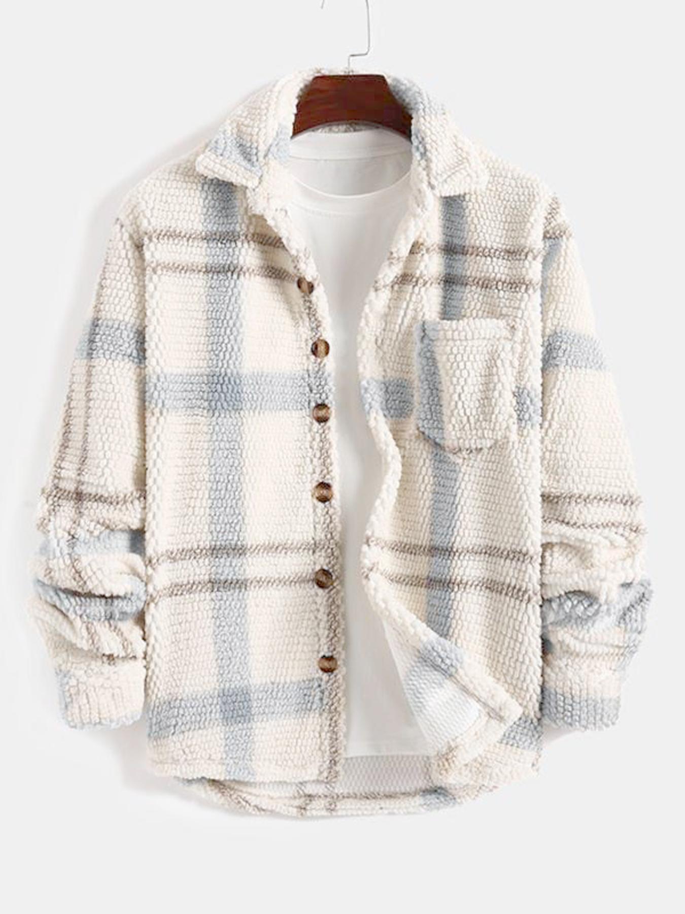 Men's Casual Classic Fall & Winter Coat Outerwear, Comfortable Knit Plaid Shirt Jacket with Buttons, Long Fitted Sleeves, Christmas Gift