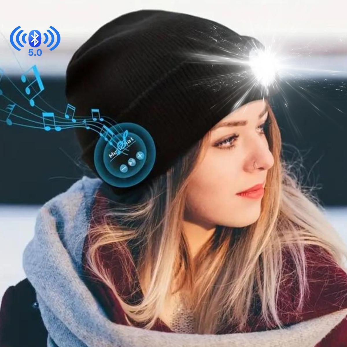 Bluetooth Beanie with LED Headlight and Removable Speaker, USB Rechargeable Wireless Knit Winter Cap Built-in Microphone for Music and Calling, Unisex Christmas Birthday Gift for Men Him Husband Teen