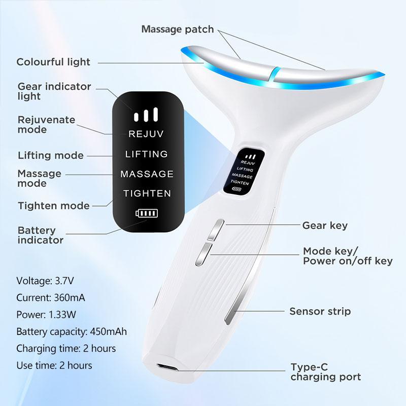3 Colors Light Facial & Neck Massager, 4 Modes Adjustable Facial & Neck Massage Tool, Professional Skin Care Tool for Women