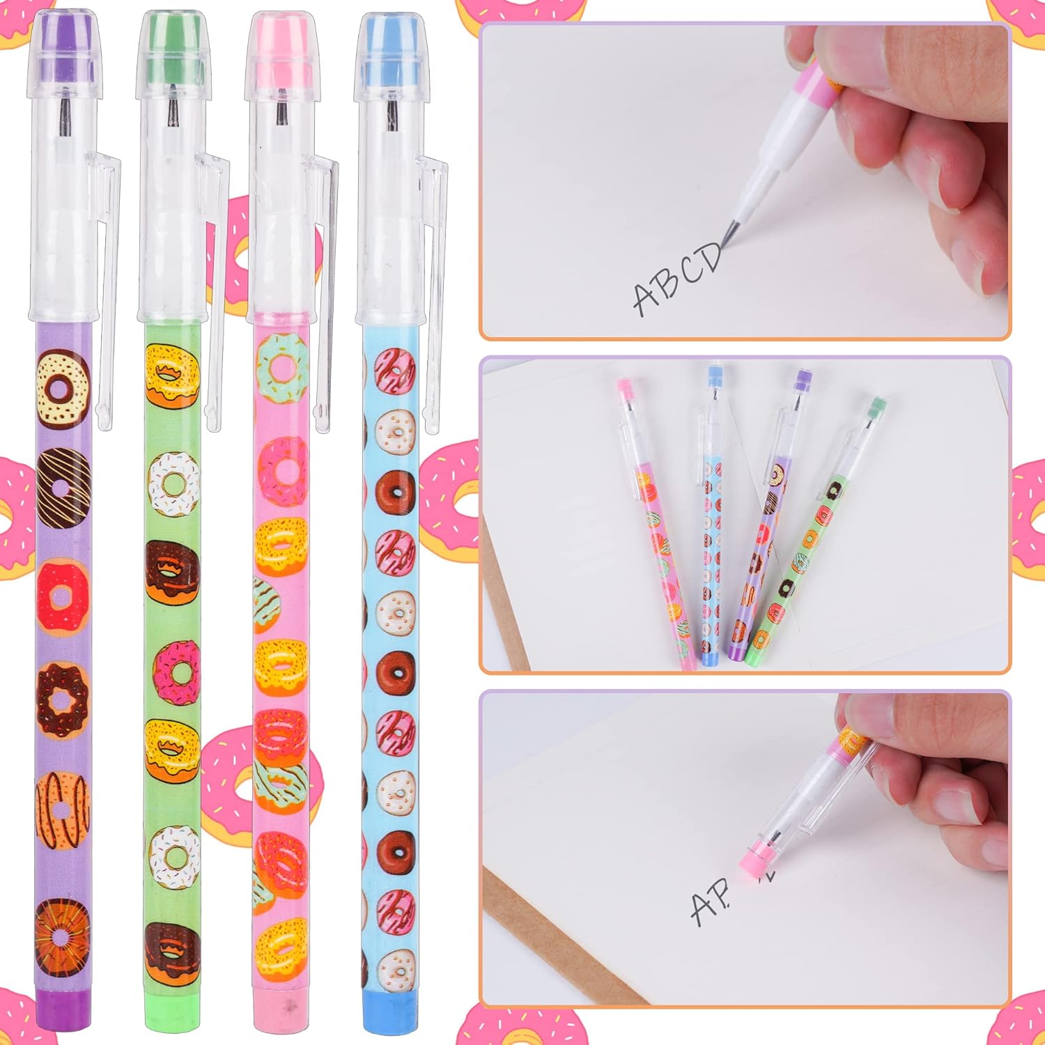 48 count HB Donuts Themed Translucent Pencil Fun Multipoint Pencil Multicolor Non Sharpening Stackable Pencils Pop Up Plastic Pencils for Classroom Rewards Carnival Prizes