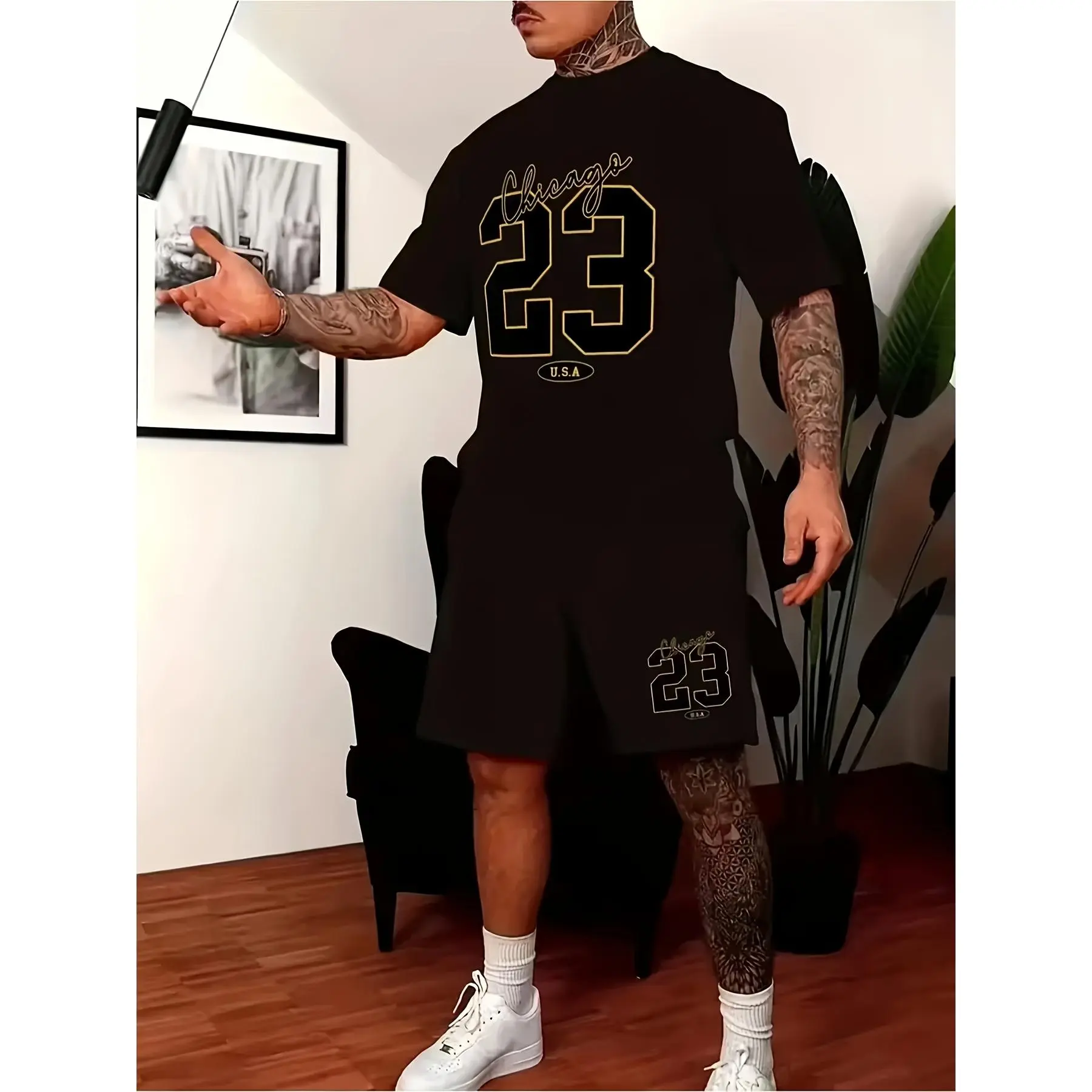 2-piece men's fashion set, summer casual round neck short sleeved T-shirt and drawstring shorts set, men's vacation fitness clothing with 23 letter print, smooth fabric, soft and comfortable, breathable and cool, moisture wicking men's casual sports set