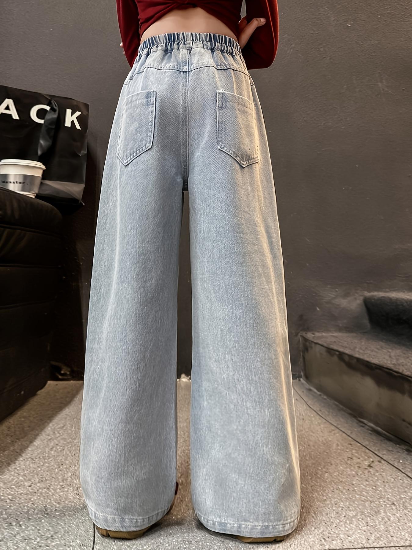 (New)Elastic Waist Straight-Leg Loose Fit - Girls' Cartoon Animal Embroidered Jeans - Casual Pants with Cute Cat & Dog Designs - Light Blue Denim for Spring Summer Fall - Outdoor Play, Dance, and School - Cute Jeans - Playful Design - Comfortable Fit