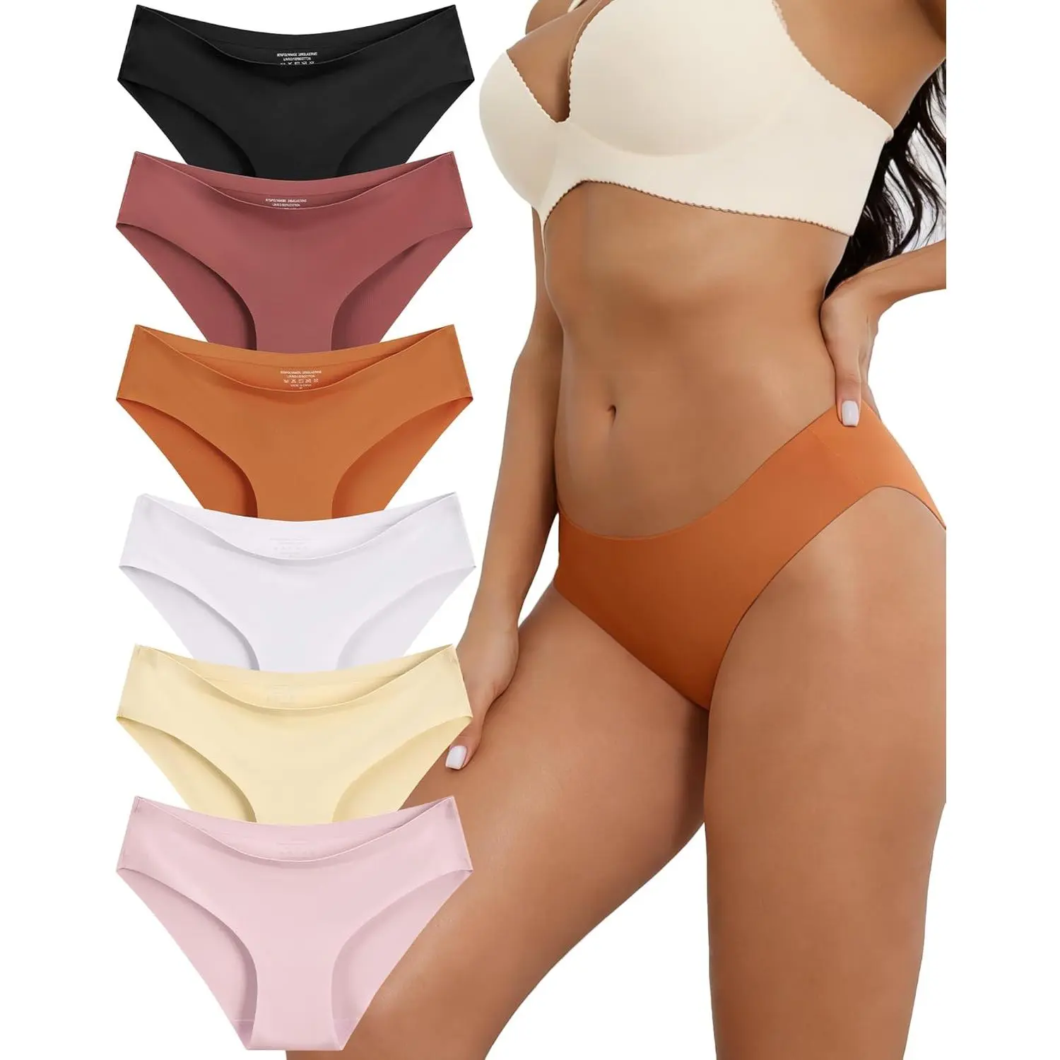 Women's 6-Pack Seamless Invisible Fitting Briefs - Soft Silky Smooth No-Show Hipster Panties with Breathable Cotton Lining, Comfortable Daily Clothes for Yoga & Workout